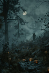 Fototapeta premium A dark forest under a full moon, twisted trees reaching up like claws, a ghostly figure barely visible through thick fog, pumpkins carved with sinister faces scattered across the ground.