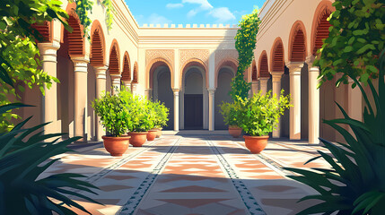 Naklejka premium Moorish architecture in a courtyard. Moorish Courtyard. Illustration