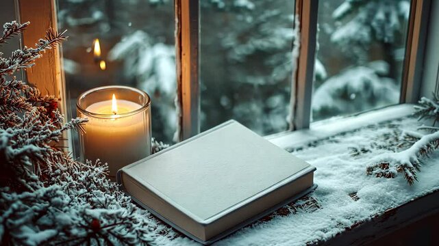 Winter mockup of a blank book cover resting on a snowy windowsill, with frost patterns on the glass and a cozy candle flickering nearby. . Video
