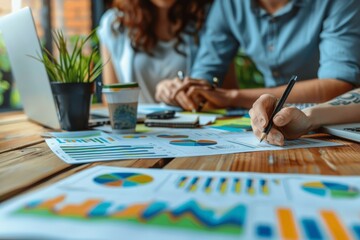 Fototapeta premium Close-up of Business Team Using Charts and Graphs for Market Growth Strategy in Office