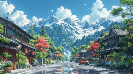 beautiful japanese street with houses and cars anime style mountains sunny day digital art kyoto osaka cozy lofi architecture 4k resolution