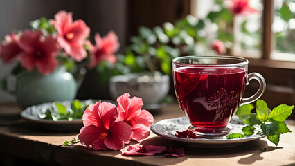 Red hibiscus tea with fresh flowers