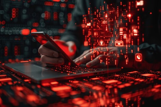 Businessman Mobile Phone Laptop Red Warning Icons Cyber Attack on Network System Security Vulnerability Data Breach Illegal Connection Compromised Information Maintenance