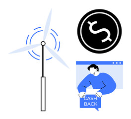 Wind turbine and rotating blades, a dollar sign in a circle, and a person holding a cashback sign, all in clean, minimalist style. Ideal for energy, finance, online rewards, sustainability, digital