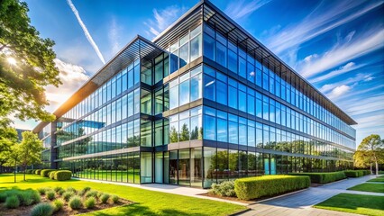 Fototapeta premium A Modern Glass Building with a Lush Green Landscape Surrounding It, Creating a Striking Contrast Between the Modern Architecture and Natural Beauty