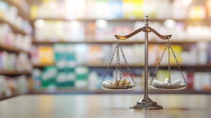 A pharmacy where healthcare disparity is a set of scales, with expensive medicines weighing heavily on one side