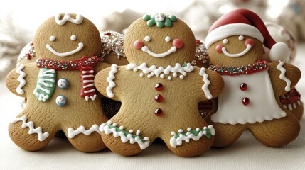 Obraz premium Gingerbread Cheer: Three festive gingerbread men, each with unique decorations and warm smiles, symbolize the joy and sweetness of the holiday season. 