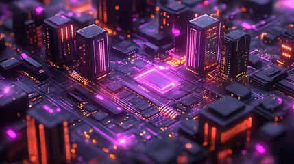 A futuristic city built on a circuit board with glowing neon lights.