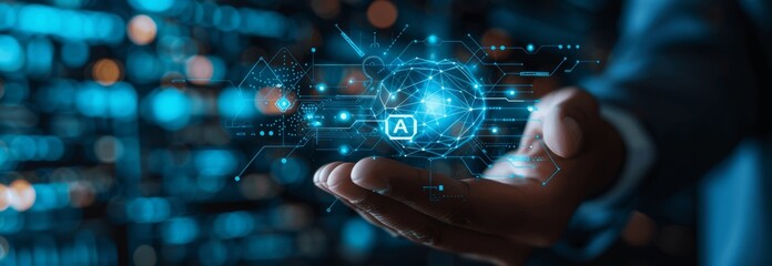 Businessman Holding Digital Screen Displaying AI Icon Surrounded by Technological Elements on Blurred Background, High Quality, Super Resolution, Ultra Details, HDR