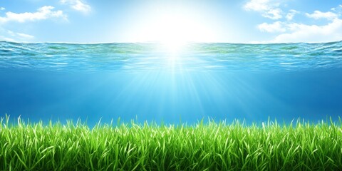Fototapeta premium A serene underwater scene with sunlight filtering through water above lush green grass.