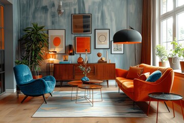 Retro-Inspired Vibrant Living Room with Orange and Blue Accents, Light Gray Walls, Black Lighting, and Large Window with Curtains