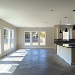 Obraz premium Bright and spacious open-concept kitchen and living room featuring large windows, modern lighting, and minimalist design.