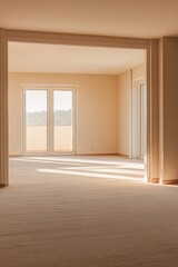 Obraz premium Bright and spacious empty room with large windows, beige walls, and carpeted floor, illuminated by natural sunlight.