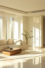 Fototapeta premium A living room with a white couch and a brown coffee table. A potted plant is on the table. The room is bright and airy, with sunlight streaming in through the windows
