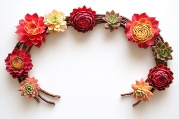 A decorative arrangement of colorful succulents on a circular twig base.