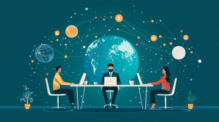 A remote business team working from different planets in a shared virtual environment