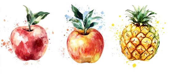 Watercolor Painting of Apples and Pineapple
