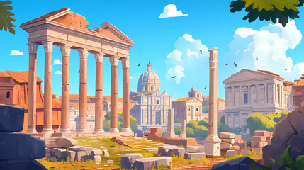 Panoramic view of the ancient roman forum ruins surrounded by columns, arches, and historical landmarks , roman forum. Roman Forum. Illustration