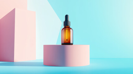 stylish amber glass dropper bottle is elegantly displayed on pastel pink pedestal against vibrant blue background, showcasing modern design and beauty