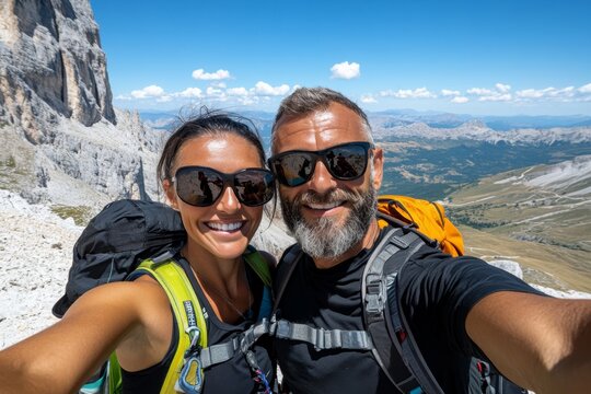 Close-up of a couple taking a selfie on a travel adventure, with joyful expressions and bright smiles, symbolizing excitement and shared experiences
