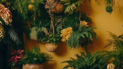 A vibrant display of hanging plants against a yellow wall, showcasing greenery and decor.