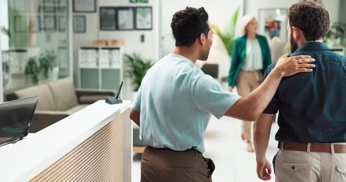 Handshake, welcome and men with tablet, office and app with info of appointment, client and creative. Greeting, people and media strategist with customer, shaking hands and smile for collaboration