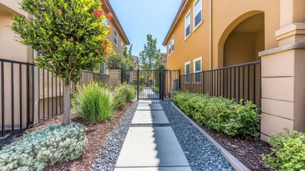 Naklejka premium Vibrant Suburban Pathway with Colorful Landscaping