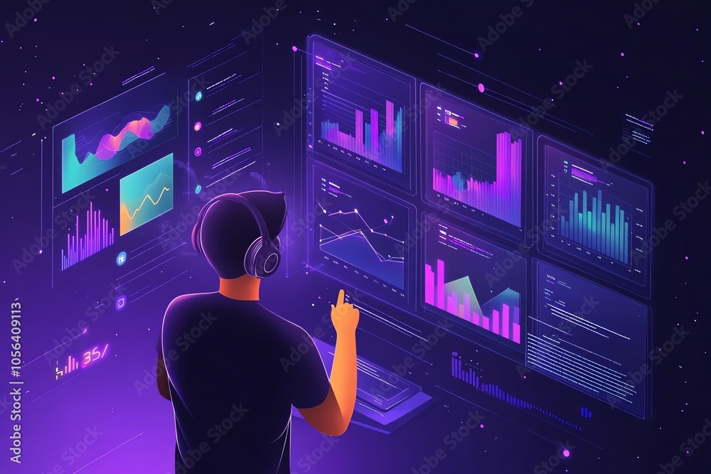 Poster A man wearing VR headset is interacting with multiple graphs and charts displayed on screens in front of him.