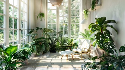 A beautifully lit sunroom with large windows, filled with various green plants and cozy seating, creating a serene and inviting atmosphere.