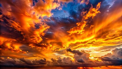 Fototapeta premium A celestial canvas of fiery hues, where golden clouds dance and intertwine, creating a breathtaking spectacle of nature's artistry.