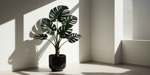 Indoor plant, monstera deliciosa, black ceramic pot, minimalist interior, white walls, sunlight streaming through windows, shadow patterns, hardwood floor, clean aesthetic, contemporary design, natura