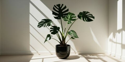 Indoor plant, monstera deliciosa, black ceramic pot, minimalist interior, white walls, sunlight streaming through windows, shadow patterns, hardwood floor, clean aesthetic, contemporary design, natura