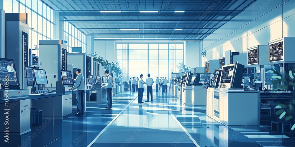 Aufkleber A group of engineers and technicians walk through a clean and modern industrial facility, with rows of advanced machinery and large windows.