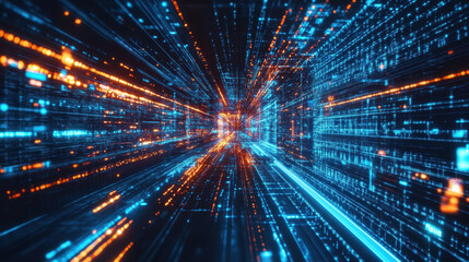 Fototapeta premium Dynamic digital tunnel with vibrant blue and orange lights creating sense of technology and speed. This abstract background evokes feelings of innovation and futuristic concepts