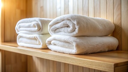 Two stacks of white towels neatly folded on a wooden shelf in a spa-like setting.