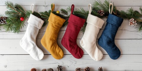 Festive Christmas stockings in various colors hanging on a white wooden wall, decorated with pine garland and pinecones.