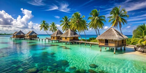 A tranquil oasis amidst the azure expanse, where thatched bungalows perched on stilts overlook a crystal-clear lagoon, and swaying palm trees cast their shade on the pristine sand.