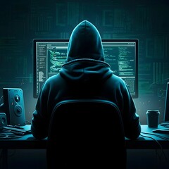 Mesmerizing image of a hacker in a half-turn, illuminated by the glow of a commanding screen
