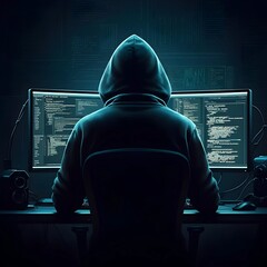 Mysterious hacker in a hoodie, immersed in the art of coding, with a focus on their intense expression