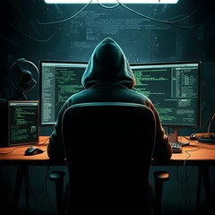 Dramatic depiction of a hacker's workspace, filled with monitors and lines of code, evoking tension