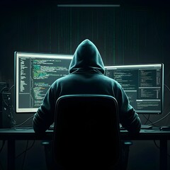 Intense focus of an anonymous hacker as they decode intricate programming lines in a dark setting