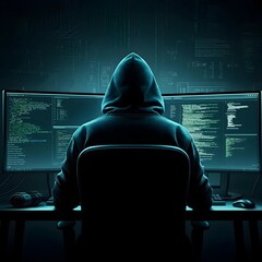 Wide-angle capture of a hacker's silhouette against the glow of computer screens, evoking intrigue