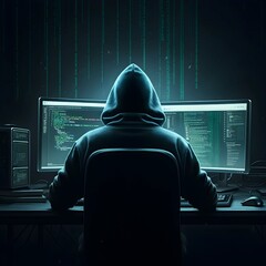 Back view of a hoodie-wearing hacker at a monitor, illustrating the shadowy realm of coding