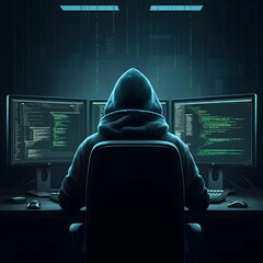 Immersive image of a hacker immersed in the digital world, conveying secrecy and intensity