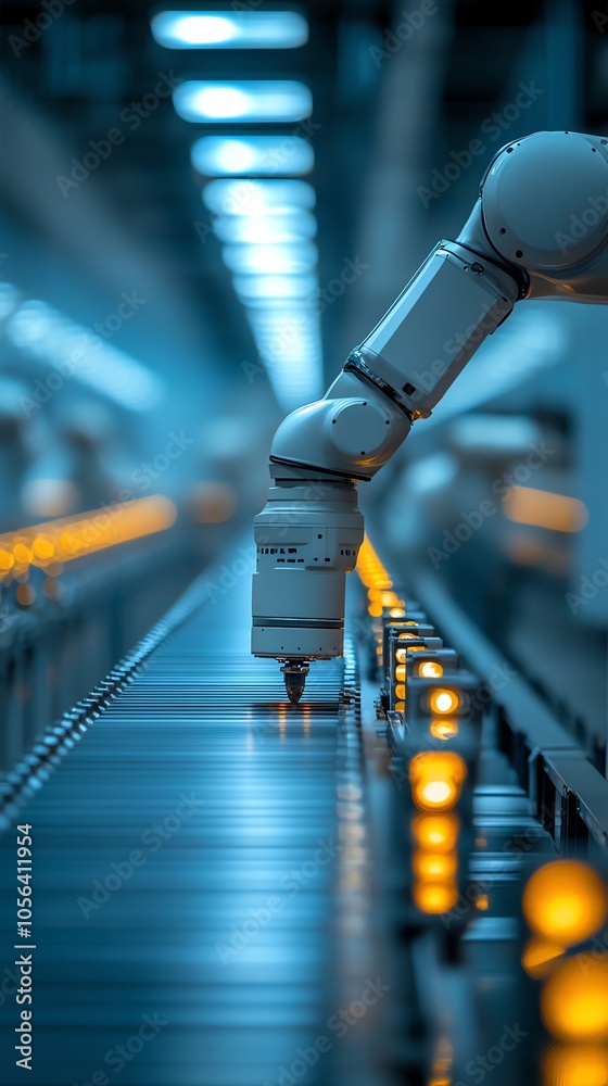 Poster A robotic arm working on a factory assembly line.