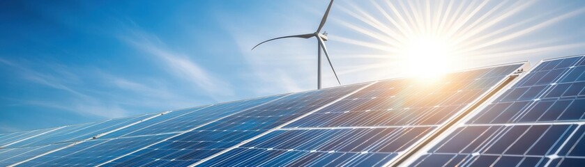 A beautiful landscape featuring solar panels and a wind turbine, harnessing renewable energy under a bright blue sky.