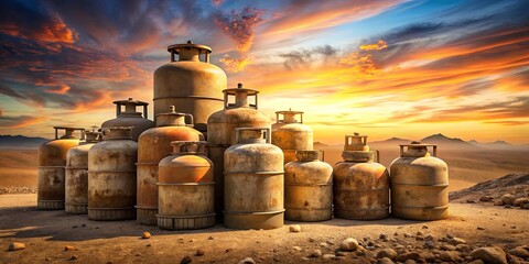 A cluster of weathered metal tanks stand tall against the backdrop of a vibrant sunset, casting long shadows on the parched desert floor.