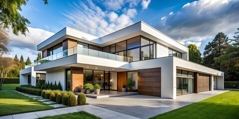 Fototapeta premium Modern Architectural Design Featuring Expansive Glass Windows and Sleek Lines, Set Against a Lush Green Landscape, Exuding an Air of Tranquility and Elegance