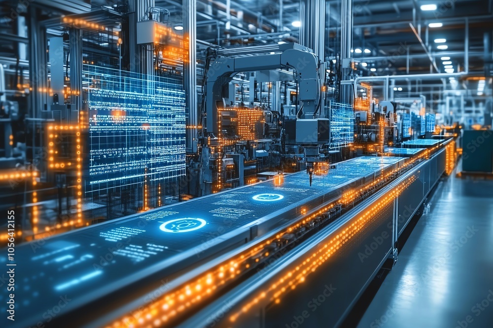 Fototapete modern automated industrial factory with a conveyor belt, robots, and digital displays showing data 