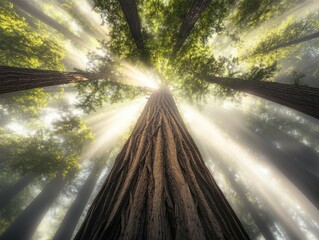A breathtaking view of towering trees reaching towards the sky, illuminated by soft sunlight filtering through lush green foliage.